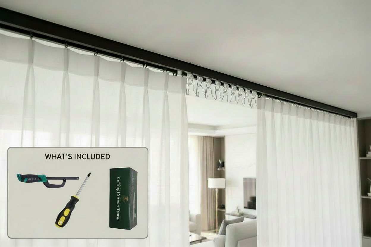 Famlux Prestige ceiling curtain track system installed on ceiling as room divider